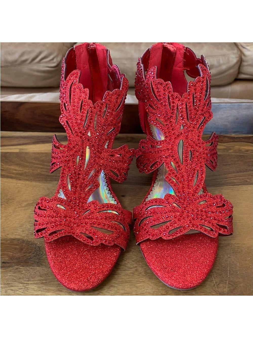 Red Rhinestone Open Toe Heels - Picture 2 of 6